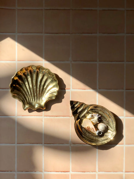 Pair Solid Brass Seashell Dishes. Vintage. Coastal Home Decor