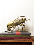 A brass statue of a lobster, with a goldish hue, prominently displayed on top of a stack of books.