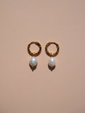 18K Gold Freshwater Pearl Hammered Hoops - By Alesi Jewellery