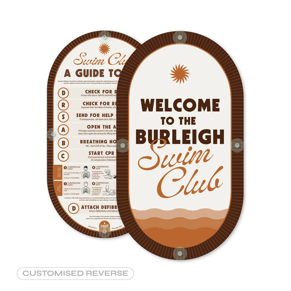 Customisable Double-Sided Mid Century Pool CPR Sign in ‘Walnut Brown’ - by Holidae Haus